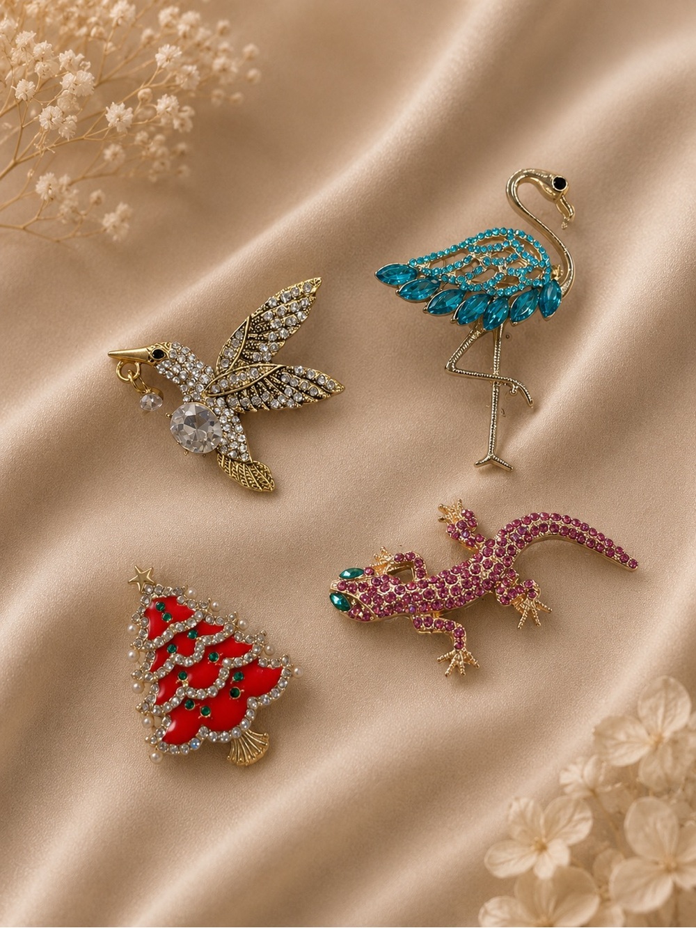 Set of 6 Assorted Women’s Crystal Animal & Floral Brooch Set - Picture 2 of 3